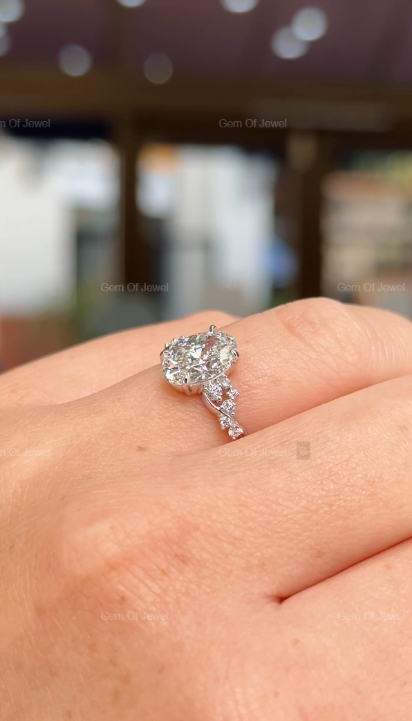 Oval Diamond Moissanite Ring With Flower Shape Pave Engagement Ring For Her, Oval Flower Shape Ring, Oval Moissanite Diamond Engagement Ring