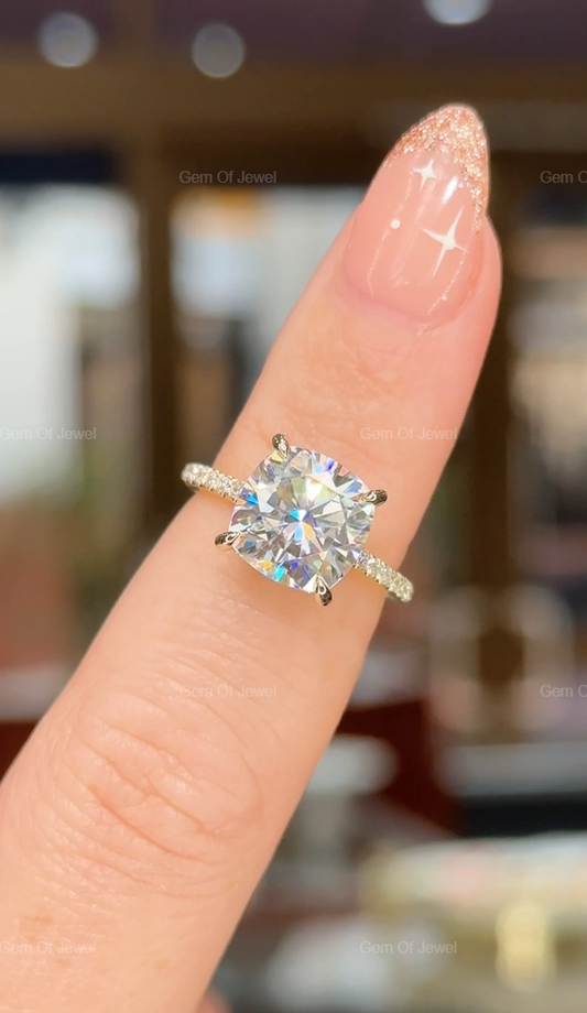 3.5CT Cushion Cut Moissanite Diamond With Round Moissanite Diamond Pave Eternity Ring, Cushion Cut Moissanite Engagement Ring For Her