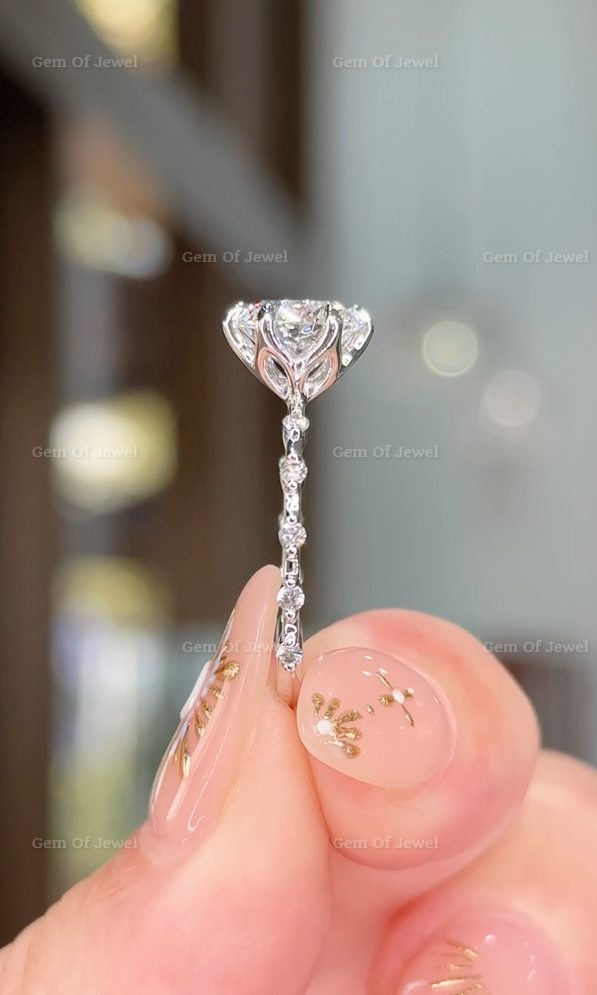 2CT Lotus Prong Round Moissanite Diamond Ring With Floating Bubble Band With Six Prong Lotus Petal Prongs, 2CT Round Moissanite Diamond Ring
