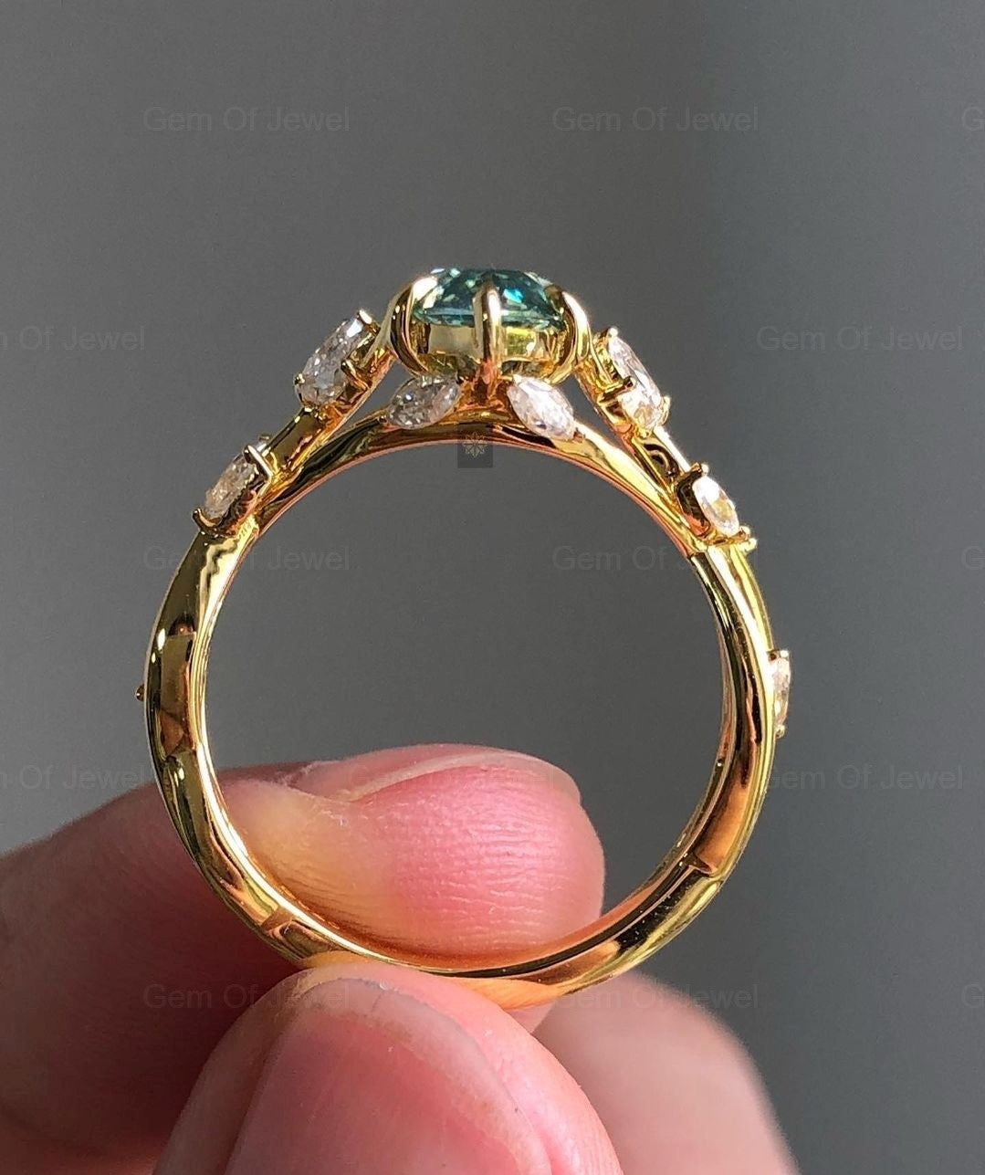 Marquise Green Moissanite Diamond Ring ,Floral Leaf Ring With Side Marquise Moissanite Diamond Unique Fancy Ring For Her, Green Diamond Ring