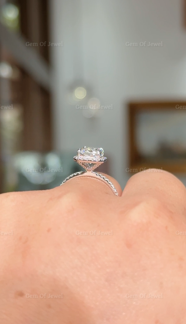 3CT Radiant Moissanite Diamond With Halo Of Round Moissanite Diamond And Diamonds Prong Solid Gold Ring, 3CT Radiant Moissanite Diamond Ring