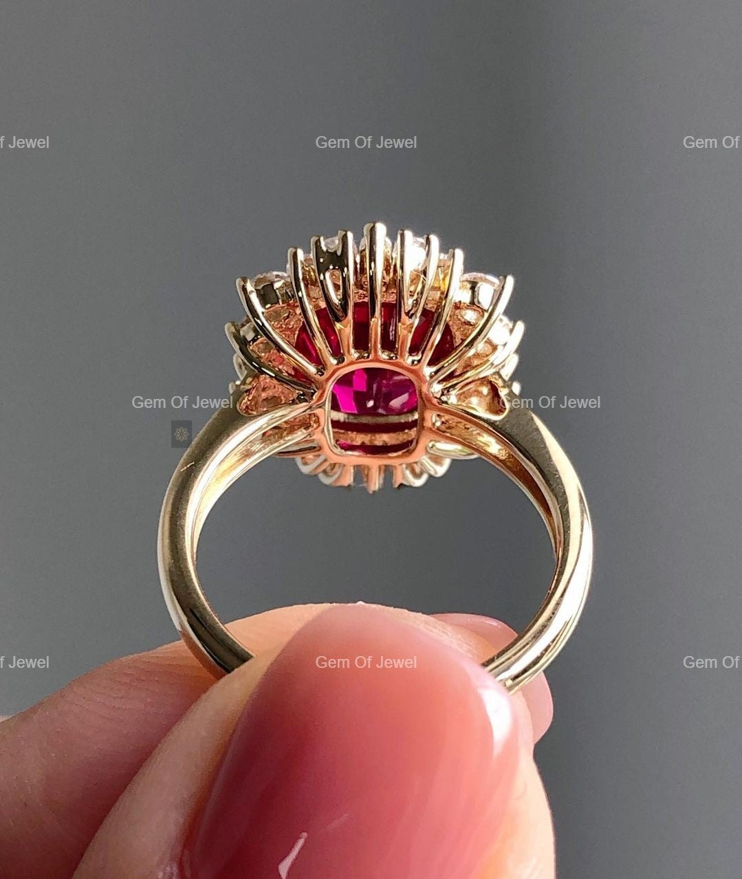 Ruby Stone Cushion Shape Ring, Ruby Stone Statement Ring For Her, Red Ruby Stone Cushion Diamond With Side Round Moissanite Diamond Ring