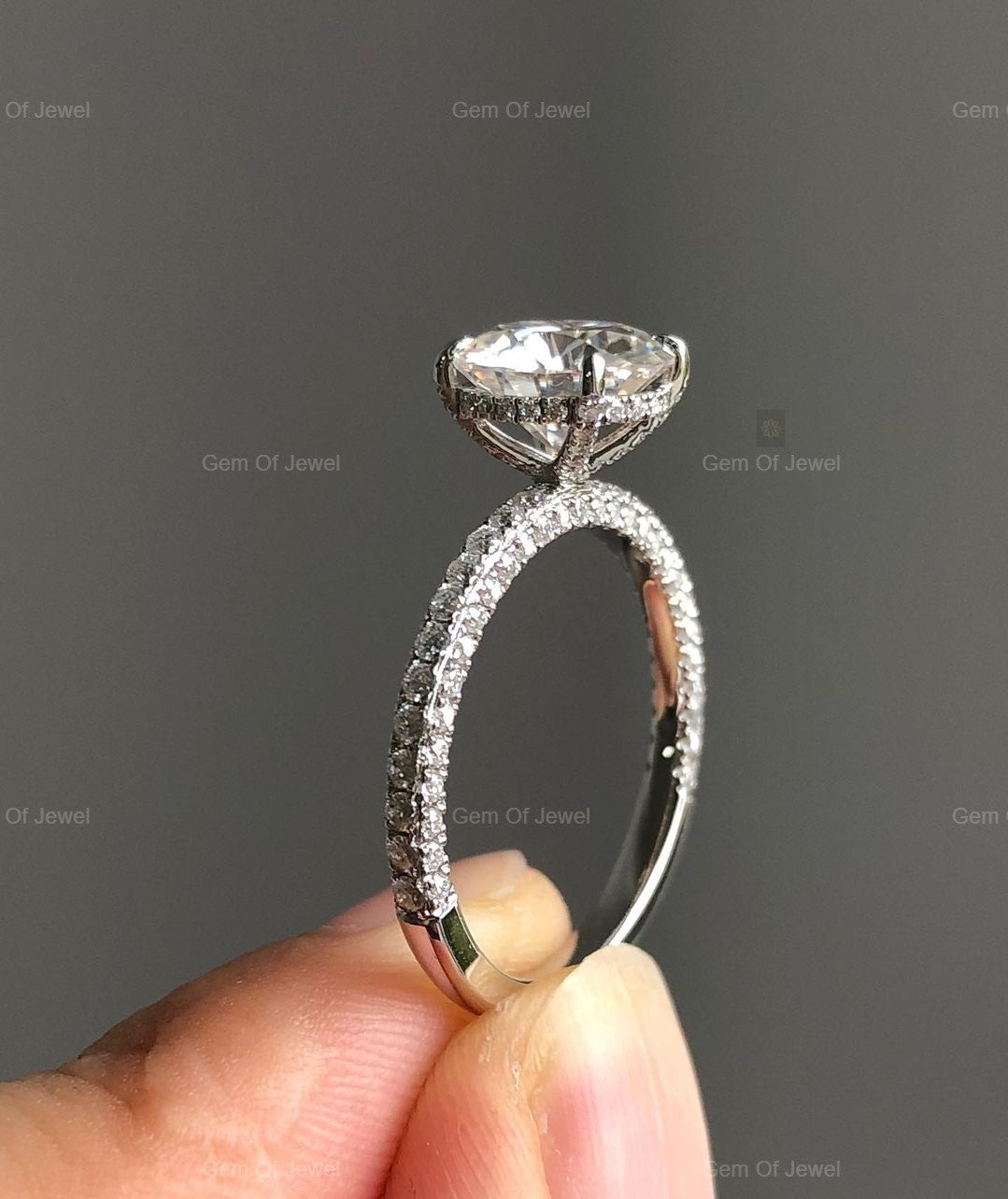 1.5CT Round Moissanite Diamond With Halo And With 3 Way Pave Diamonds On Eternity Band Engagement Ring For Her, Round Diamond On Prong Ring