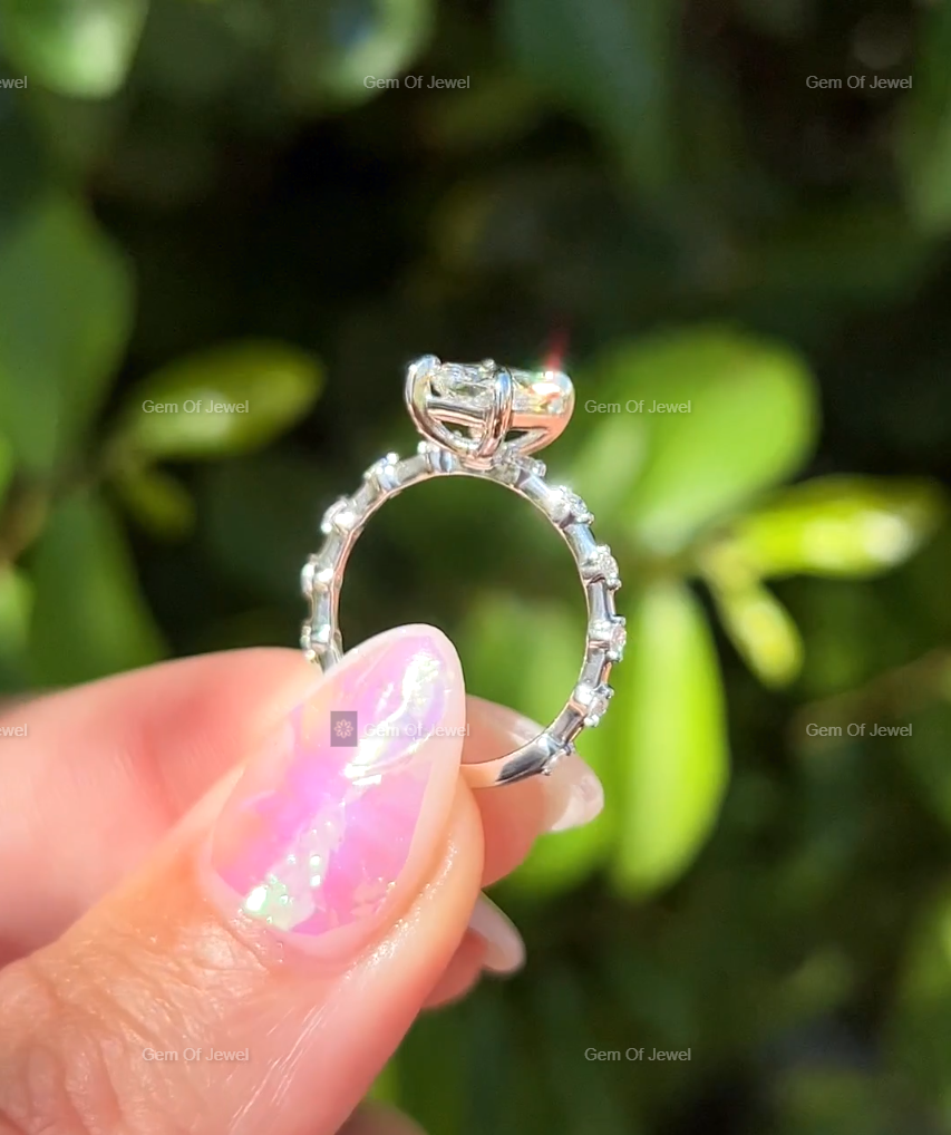 Radiant Moissanite Diamond Ring With Spaced Round Moissanite Diamond Band Solid Gold Ring, Radiant Moissanite Diamond Ring Gift For Her