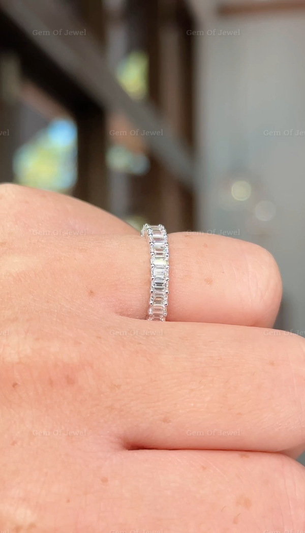 Emerald Moissanite Half Eternity Wedding Ring, Emerald Diamond Moissanite Wedding Band, Emerald Diamond Matching Band, 3mm Diamond Band