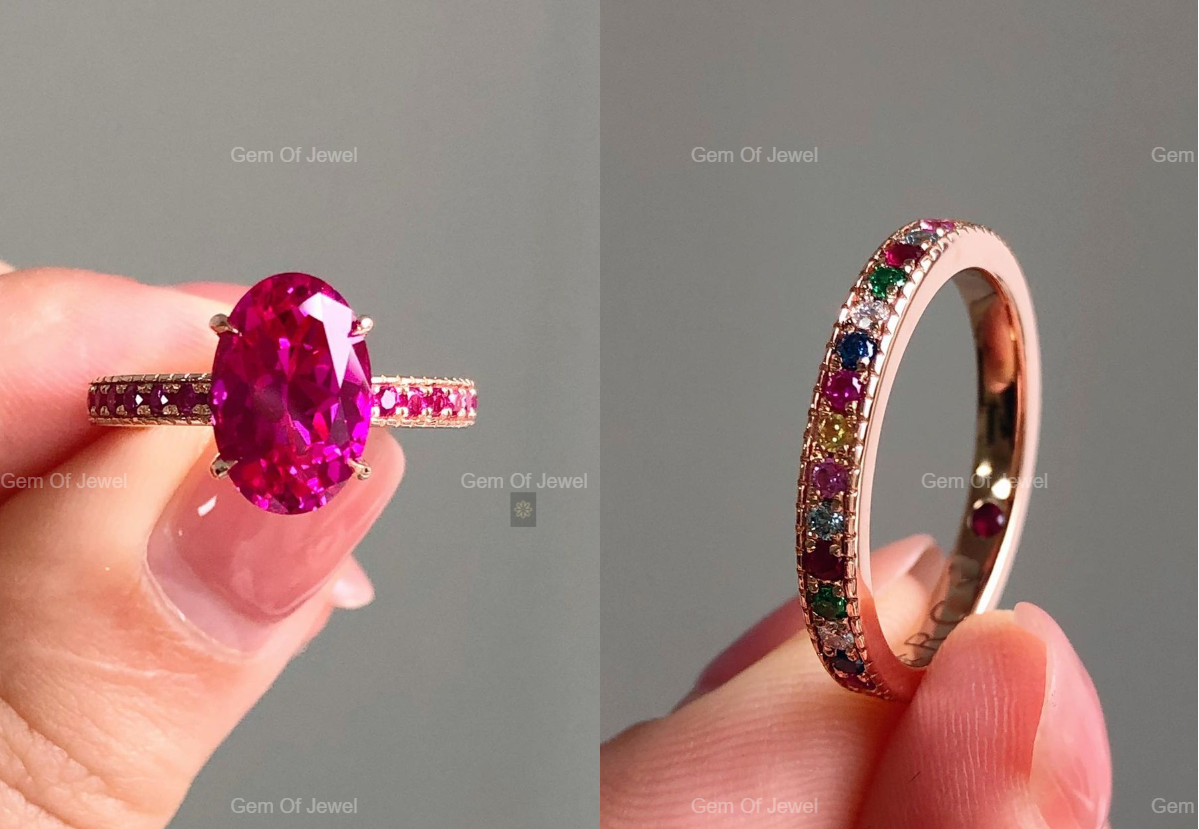 Pink Oval Sapphire Diamond Ring With Rainbow Sapphire Diamond Wedding Bridal Set For Her, Pink Diamond Oval Ring And Band Bridal Set For Her