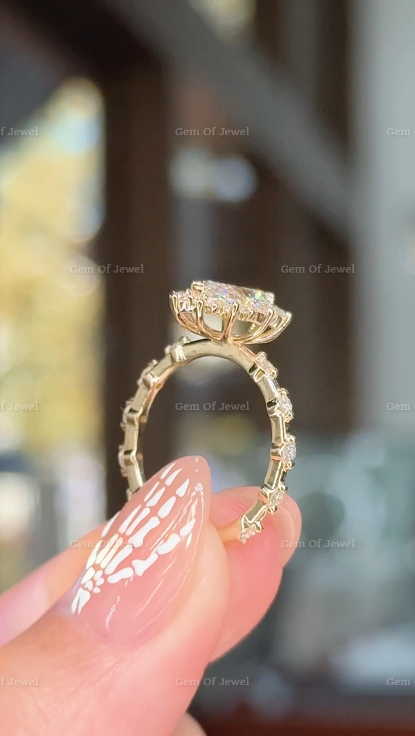 Marquise Diamond Moissanite Vintage Ring With Halo Of Round Moissanite Diamond And Bubble Design Band, Marquise Moissanite Vintage Halo Ring