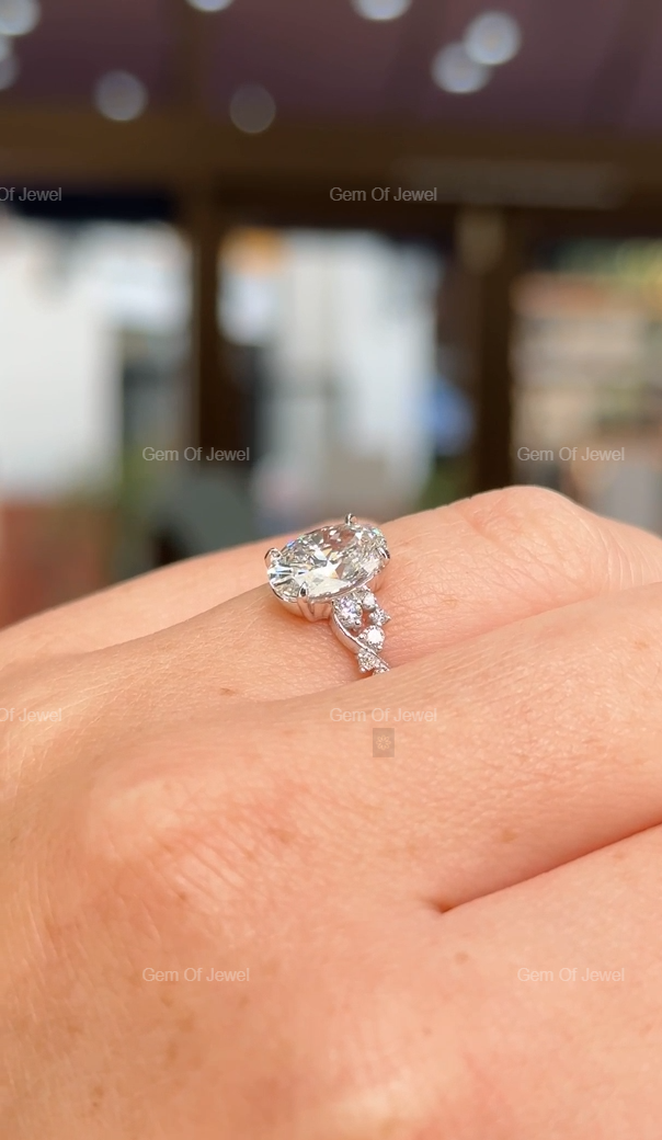 Oval Diamond Moissanite Ring With Flower Shape Pave Engagement Ring For Her, Oval Flower Shape Ring, Oval Moissanite Diamond Engagement Ring