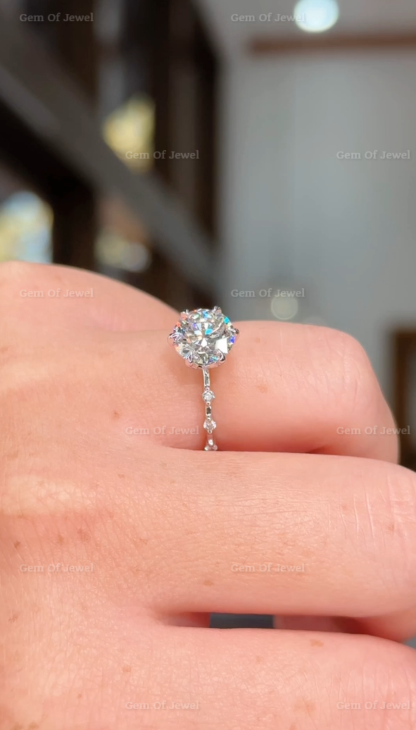2CT Lotus Prong Round Moissanite Diamond Ring With Floating Bubble Band With Six Prong Lotus Petal Prongs, 2CT Round Moissanite Diamond Ring