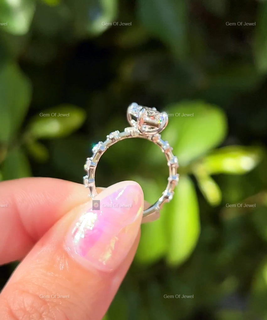 Radiant Moissanite Diamond Ring With Spaced Round Moissanite Diamond Band Solid Gold Ring, Radiant Moissanite Diamond Ring Gift For Her
