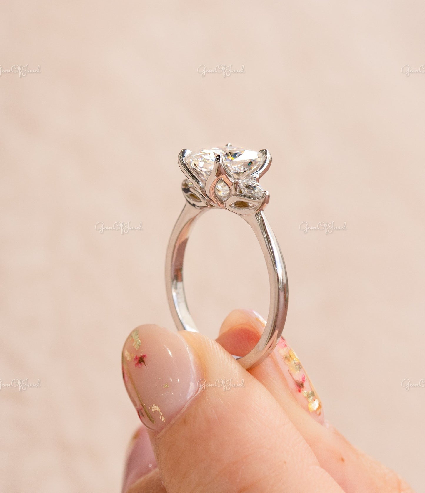 Cushion Cut Moissanite Diamond With Pear Moissanite Three Stone Gold Ring For Wedding Ring , Cushion Moissanite Diamond Ring For Her