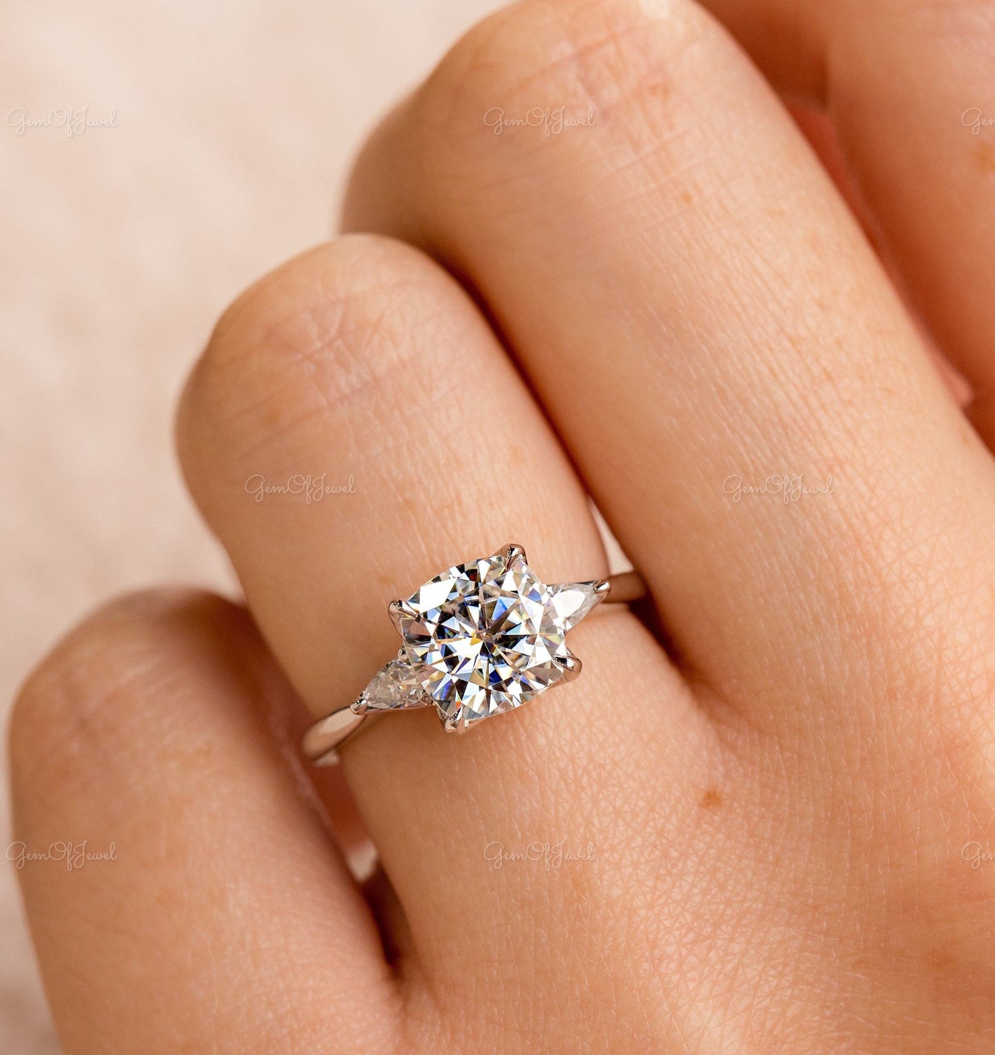 Cushion Cut Moissanite Diamond With Pear Moissanite Three Stone Gold Ring For Wedding Ring , Cushion Moissanite Diamond Ring For Her