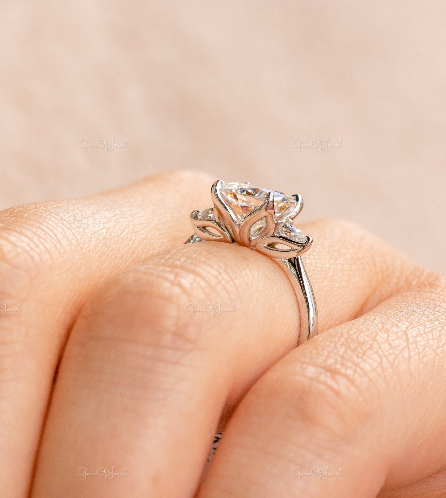 Cushion Cut Moissanite Diamond With Pear Moissanite Three Stone Gold Ring For Wedding Ring , Cushion Moissanite Diamond Ring For Her