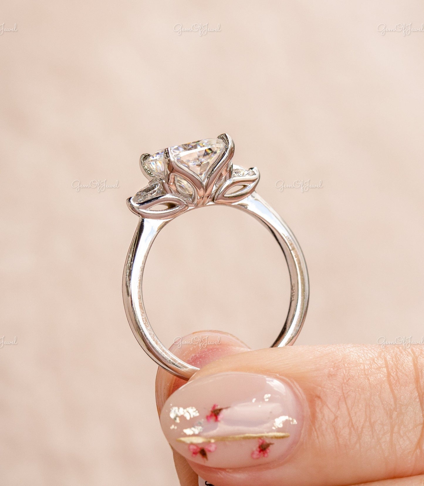 Cushion Cut Moissanite Diamond With Pear Moissanite Three Stone Gold Ring For Wedding Ring , Cushion Moissanite Diamond Ring For Her