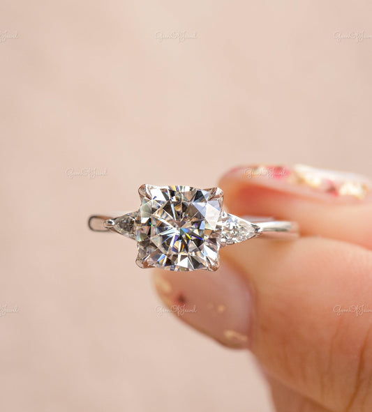 Cushion Cut Moissanite Diamond With Pear Moissanite Three Stone Gold Ring For Wedding Ring , Cushion Moissanite Diamond Ring For Her