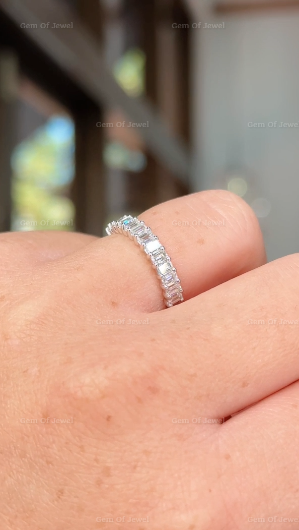 Emerald Moissanite Half Eternity Wedding Ring, Emerald Diamond Moissanite Wedding Band, Emerald Diamond Matching Band, 3mm Diamond Band