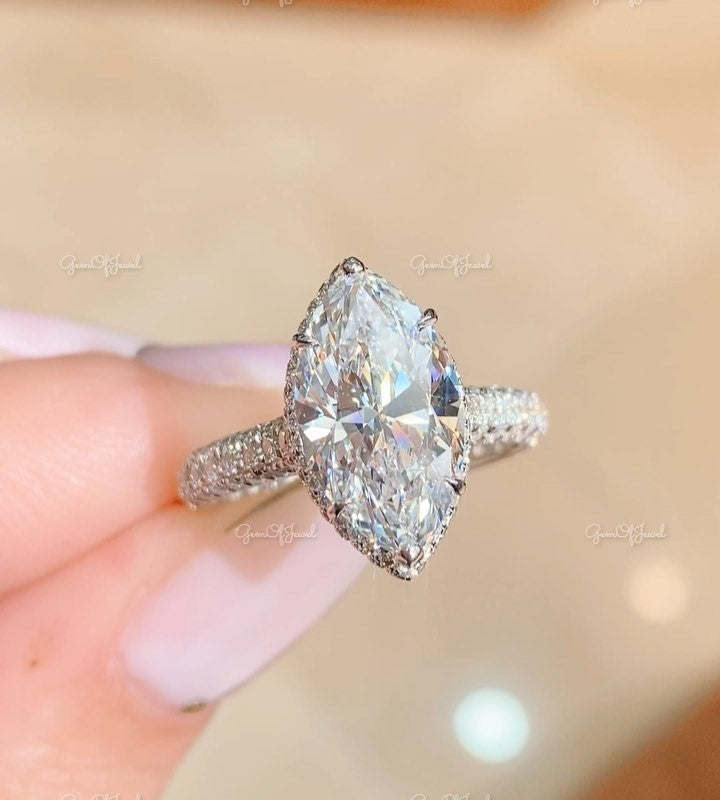Marquise Moissanite Diamond Engagement Ring With Pave Diamond Halo And 3 Way Pave Eternity Moissanite Diamond Ring, Marquise Diamond Ring