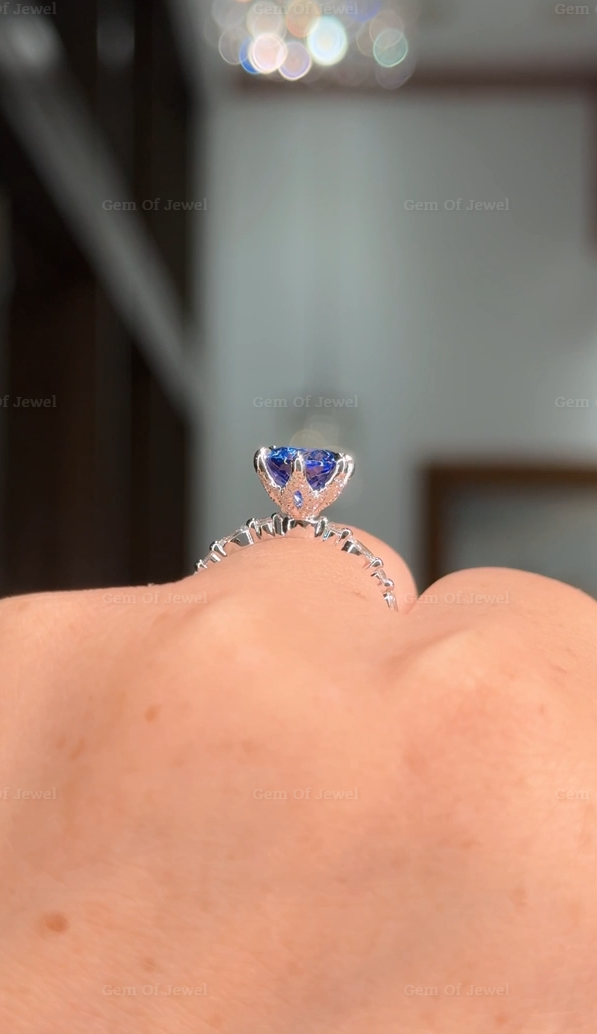 Blue Sapphire Round Diamond Ring, Round Diamond Petal Prong Ring, Blue Sapphire Lotus Prong Ring, Bubble Band Blue Diamond Ring Gift For Her