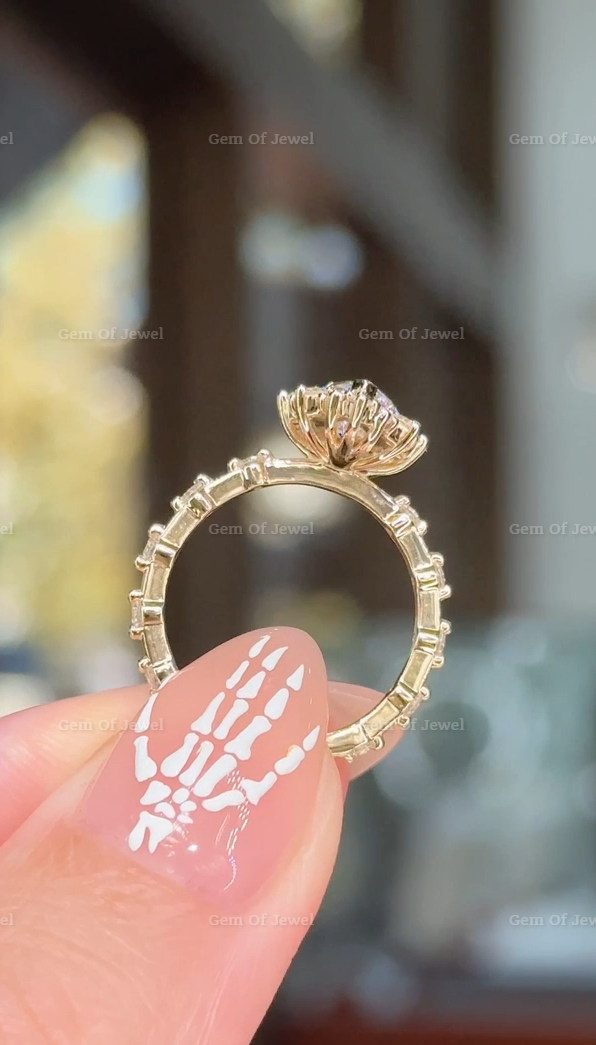 Marquise Diamond Moissanite Vintage Ring With Halo Of Round Moissanite Diamond And Bubble Design Band, Marquise Moissanite Vintage Halo Ring