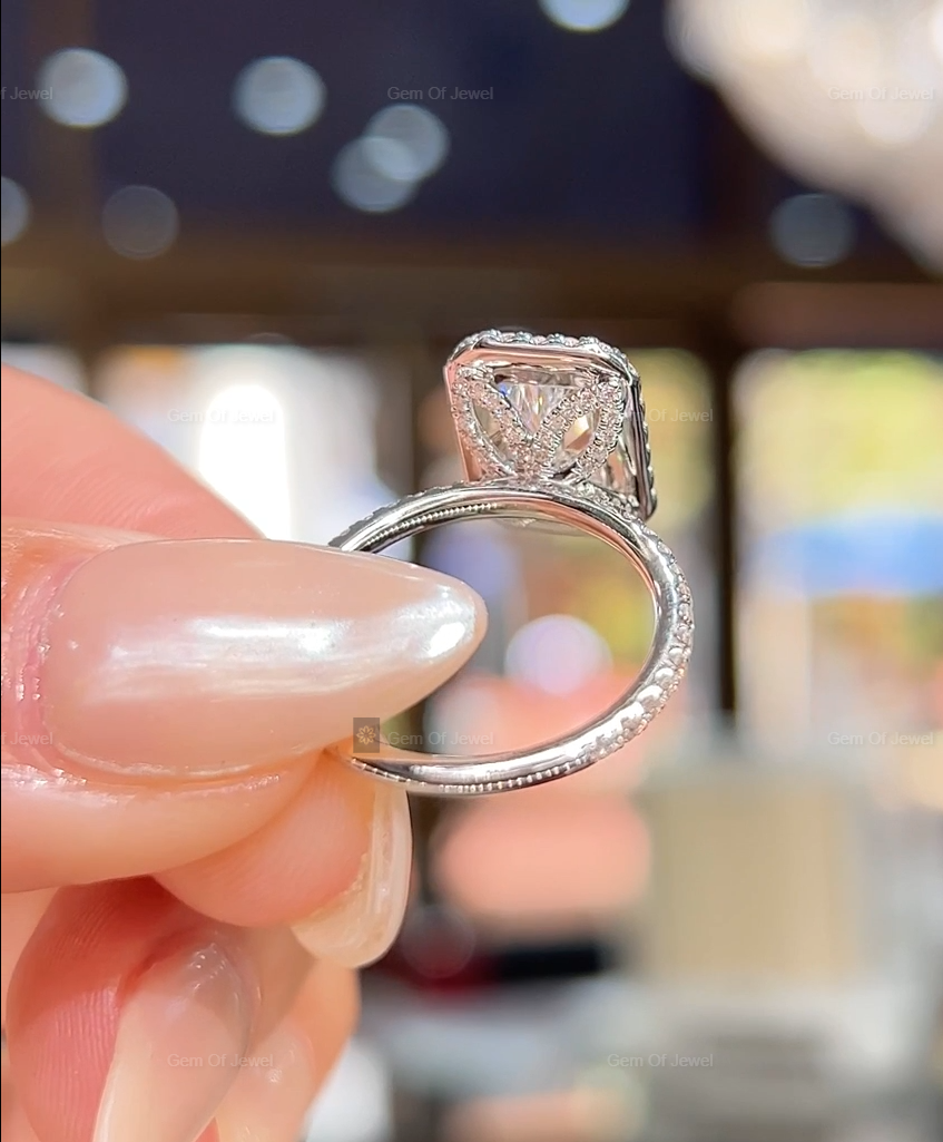 Radiant Cut Moissanite Diamond With Halo Of Round Moissanite Diamond And Petal Prong Solid Gold Ring, Lotus Prong Ring, Radiant Diamond Ring
