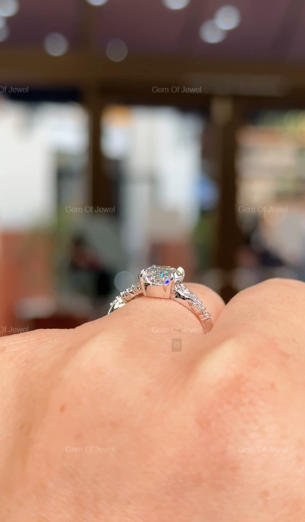 Oval Diamond Moissanite Ring With Flower Shape Pave Engagement Ring For Her, Oval Flower Shape Ring, Oval Moissanite Diamond Engagement Ring