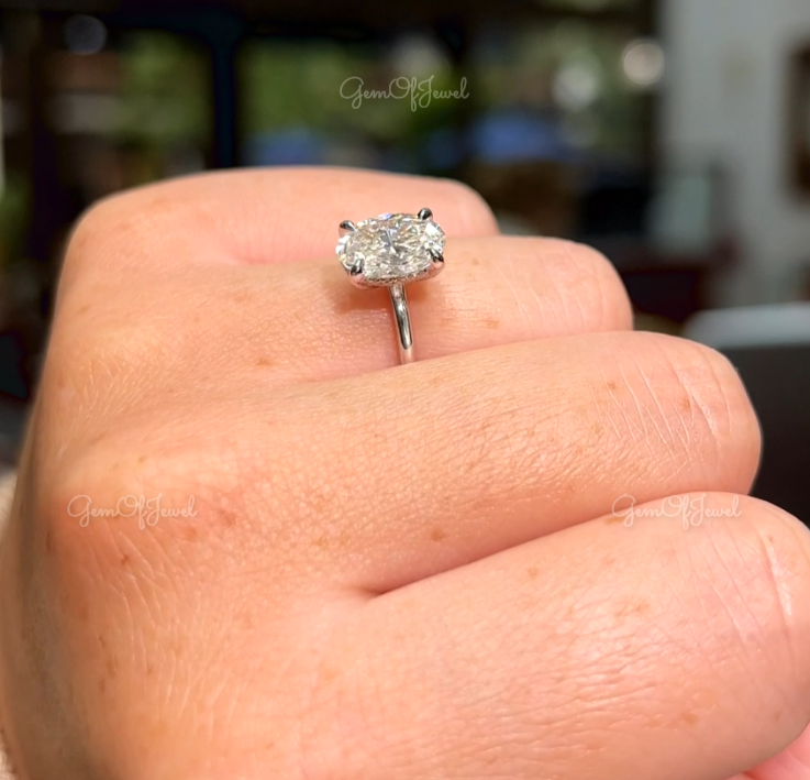 Oval Moissanite Solitaire Accent Diamond Ring, 2 CT Oval Diamond With Hidden Halo Of Round Moissanite Diamond, Oval Diamond Moissanite Ring