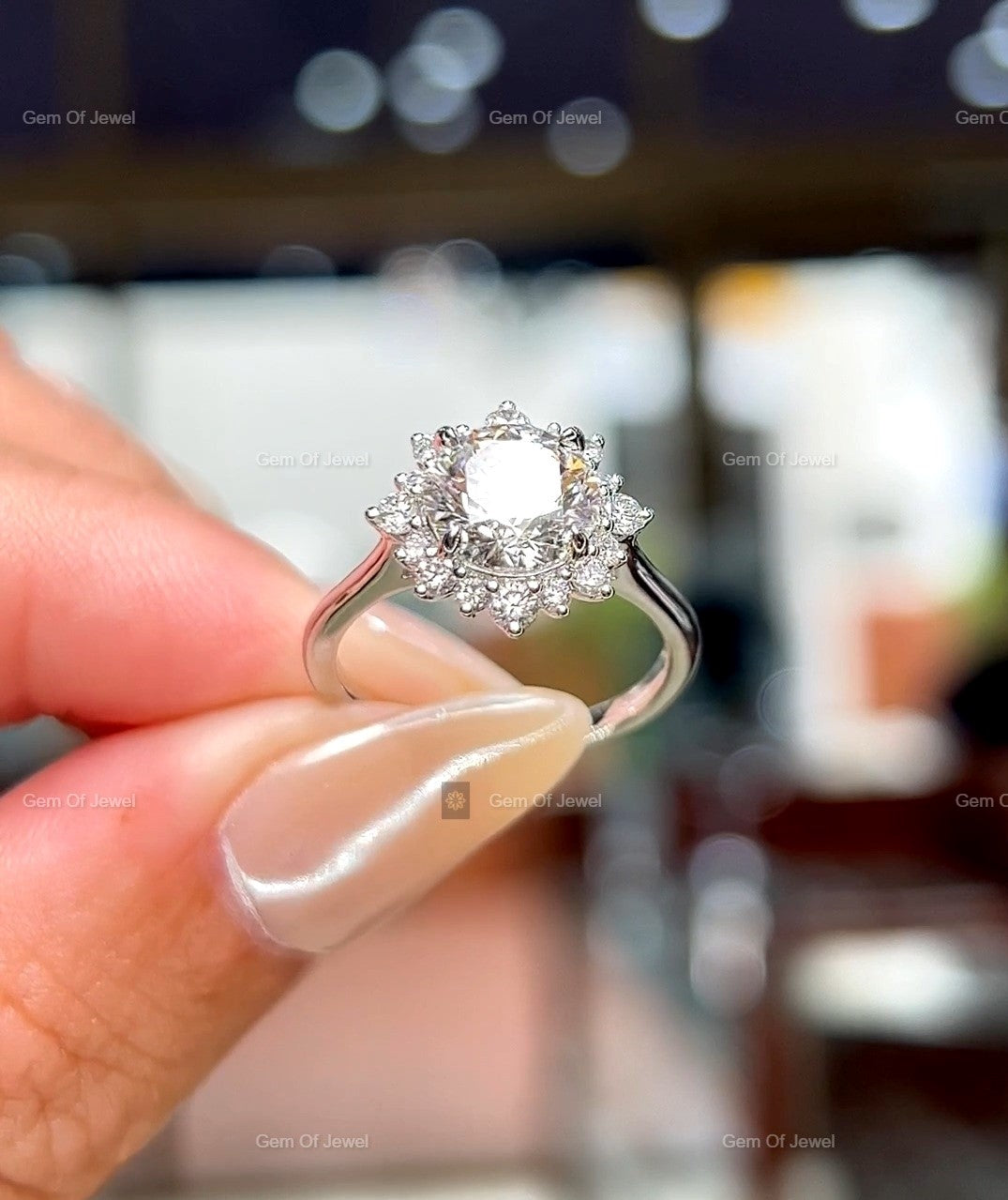 Round Moissanite Diamond 2CT Diamond With Flower Shape Halo of Round Moissanite Engagement Ring For Her ,Moissanite Ring For her, Round Ring