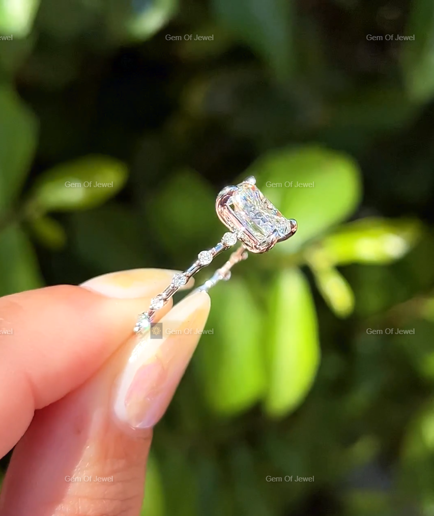 Radiant Moissanite Diamond Ring With Spaced Round Moissanite Diamond Band Solid Gold Ring, Radiant Moissanite Diamond Ring Gift For Her