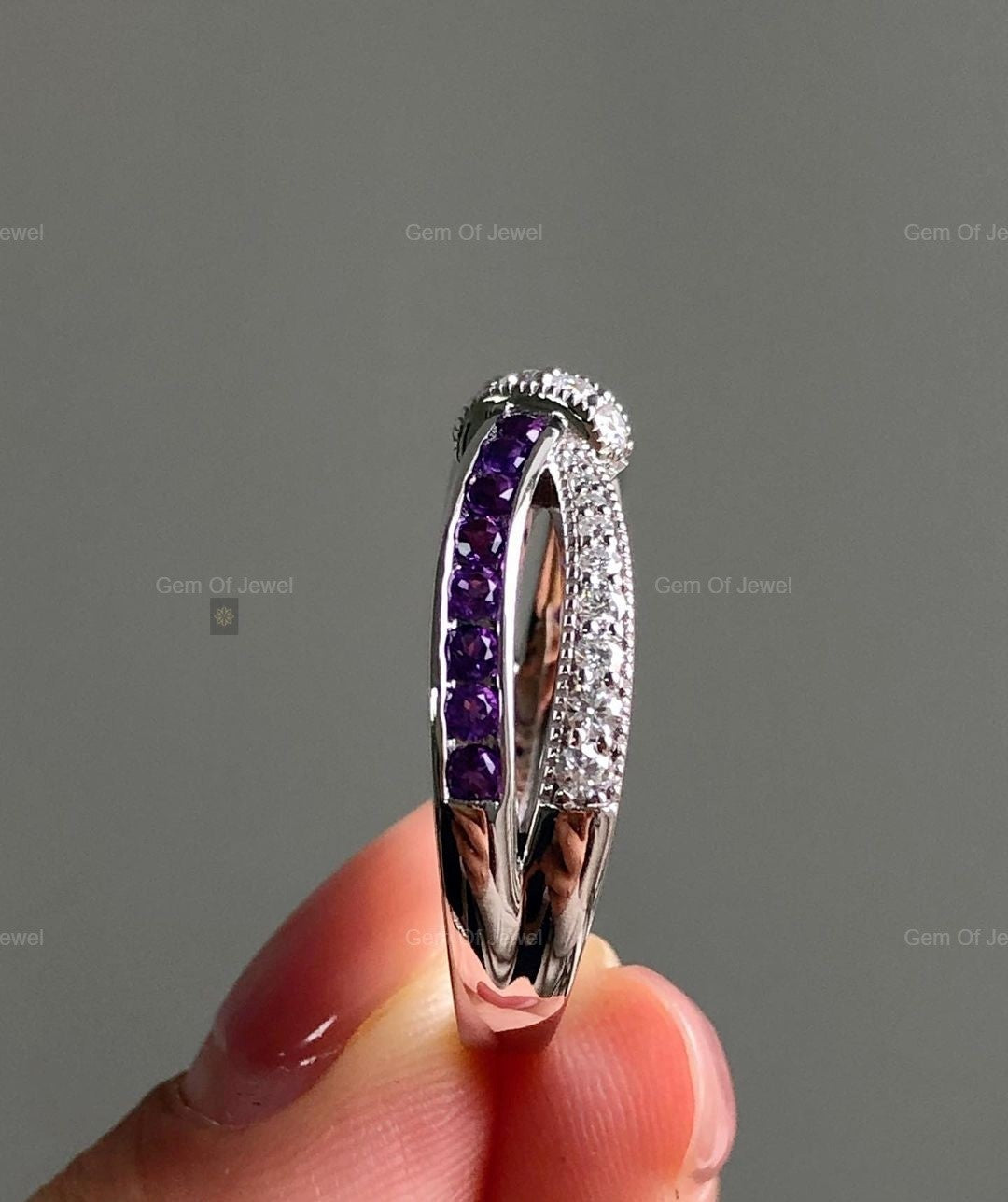 Amethyst Diamond Ribbon Ring, Amethyst And Moissanite Diamond Channel Set Diamond Ring, Ribbon Shape Ring, Butterfly Design Amethyst Ring