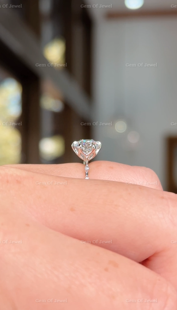 2CT Lotus Prong Round Moissanite Diamond Ring With Floating Bubble Band With Six Prong Lotus Petal Prongs, 2CT Round Moissanite Diamond Ring