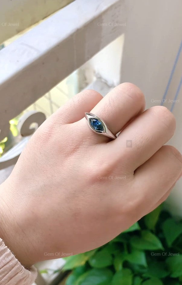 Marquise Diamond Solitaire Ring With Lab Diamond Blue Sapphire Ring, East West Set Marquise Lab Diamond Solitaire Unique Statement Ring