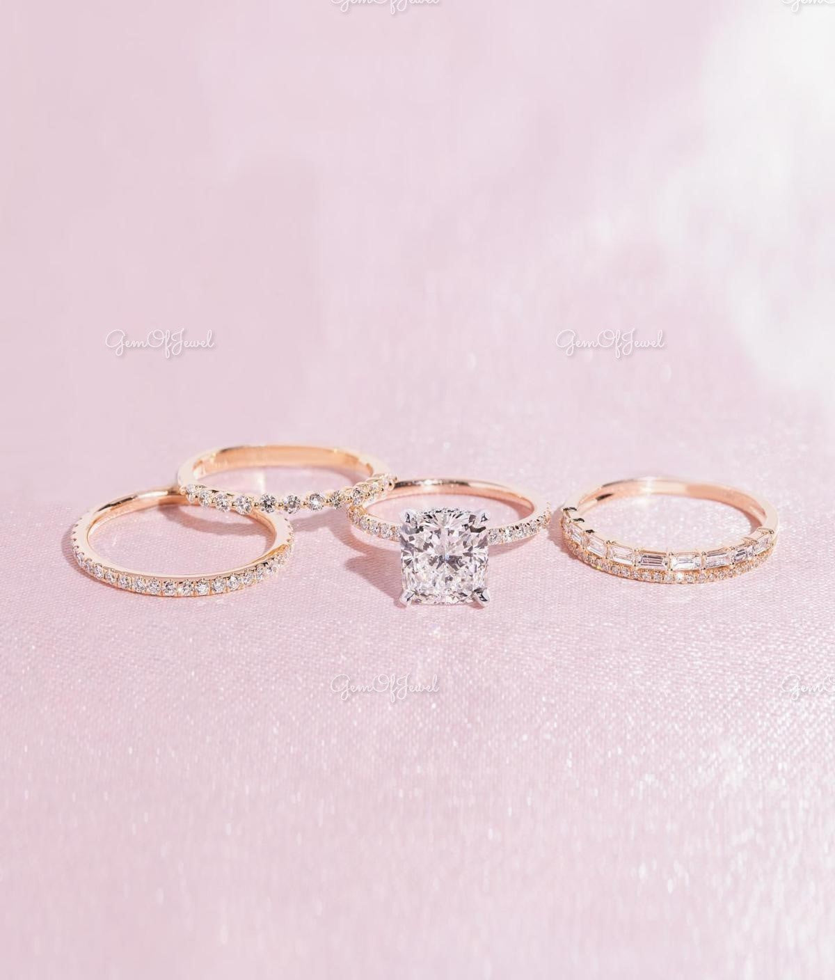 2CT Cushion Moissanite Diamond With Round Moissanite Diamond Pave Eternity Ring, Cushion Cut Moissanite Diamond Engagement Ring For Her