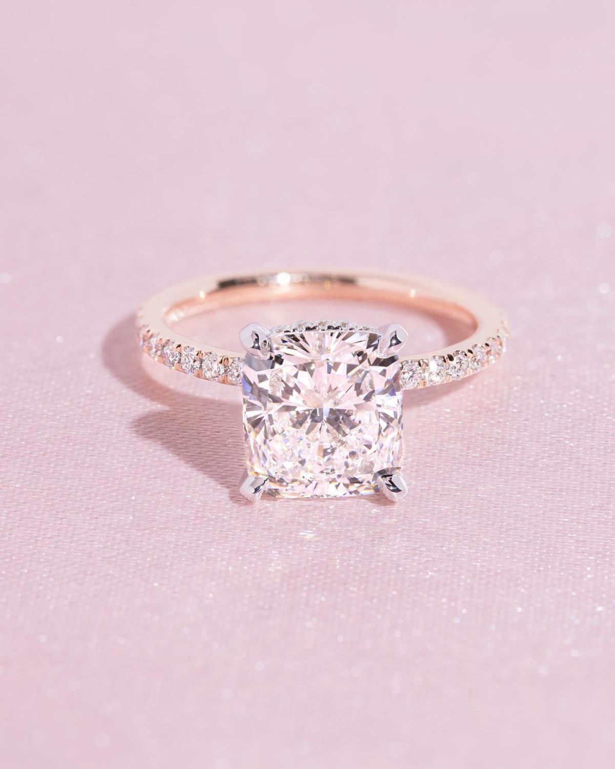 2CT Cushion Moissanite Diamond With Round Moissanite Diamond Pave Eternity Ring, Cushion Cut Moissanite Diamond Engagement Ring For Her