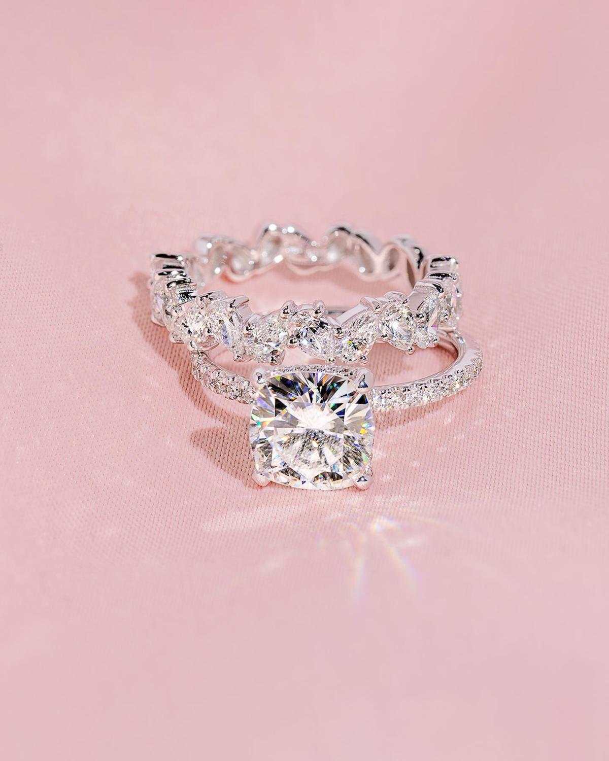 2CT Cushion Moissanite Diamond With Round Moissanite Diamond Pave Eternity Ring, Cushion Cut Moissanite Diamond Engagement Ring For Her