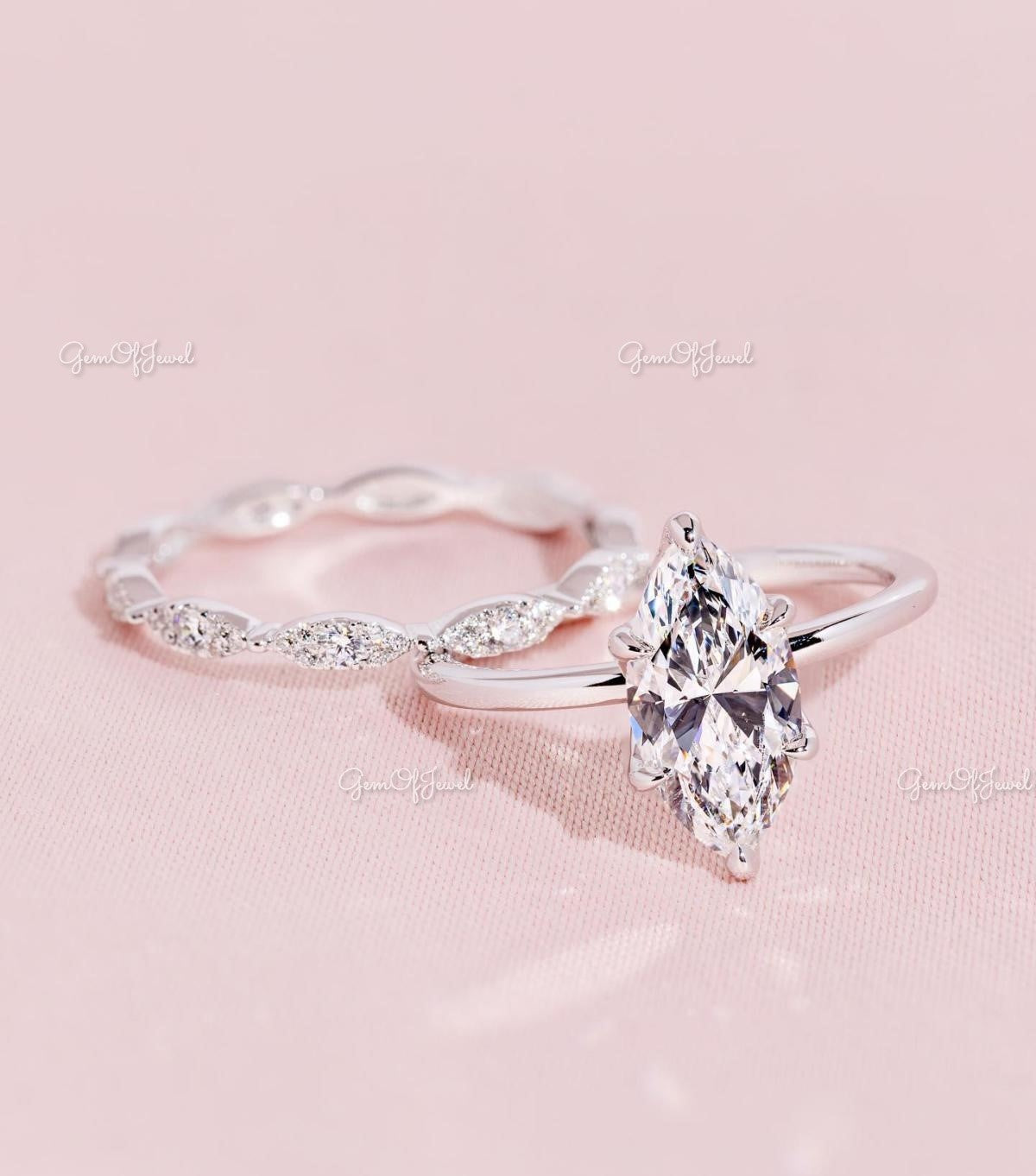 Marquise Diamond Ring With Plain Solid Band Ring With Round Moissanite Diamond Band, Marquise Six Prong Ring And Band Set For Her