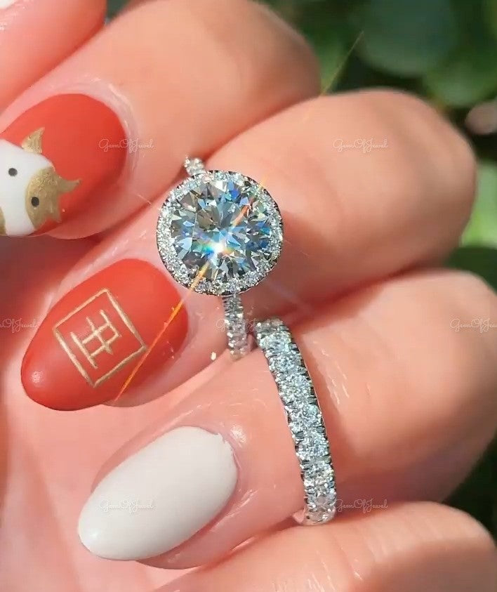 Round Moissanite Wedding Ring With Halo, Bridal Wedding Ring Set , Round Moissanite Bridal Set Anniversary Ring And Band Bridal Set For Her