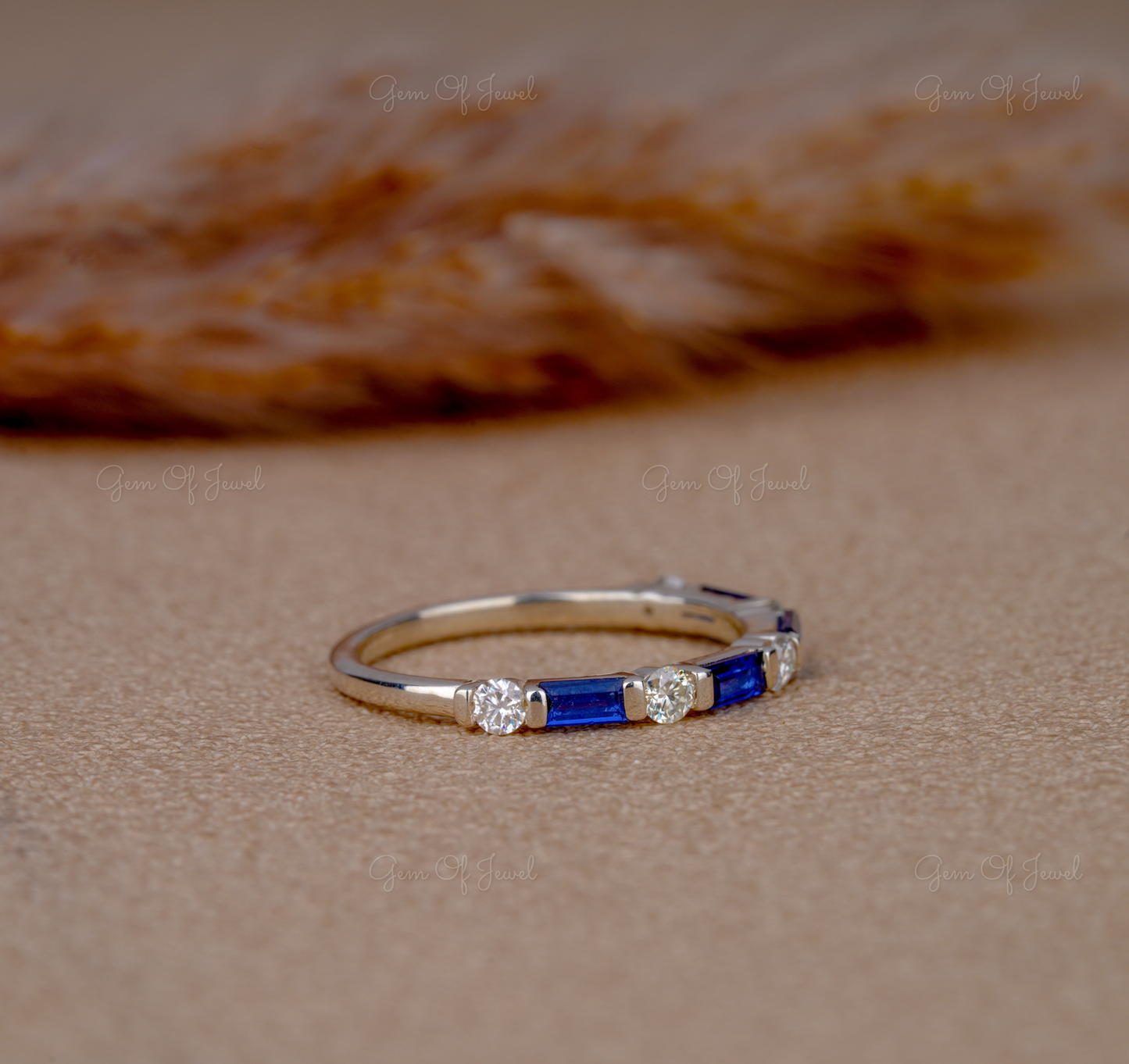Round Moissanite Diamond Half Eternity Band With Blue Sapphire Baguette Diamond Wedding Matching Band, Blue Sapphire Diamond Band For Her