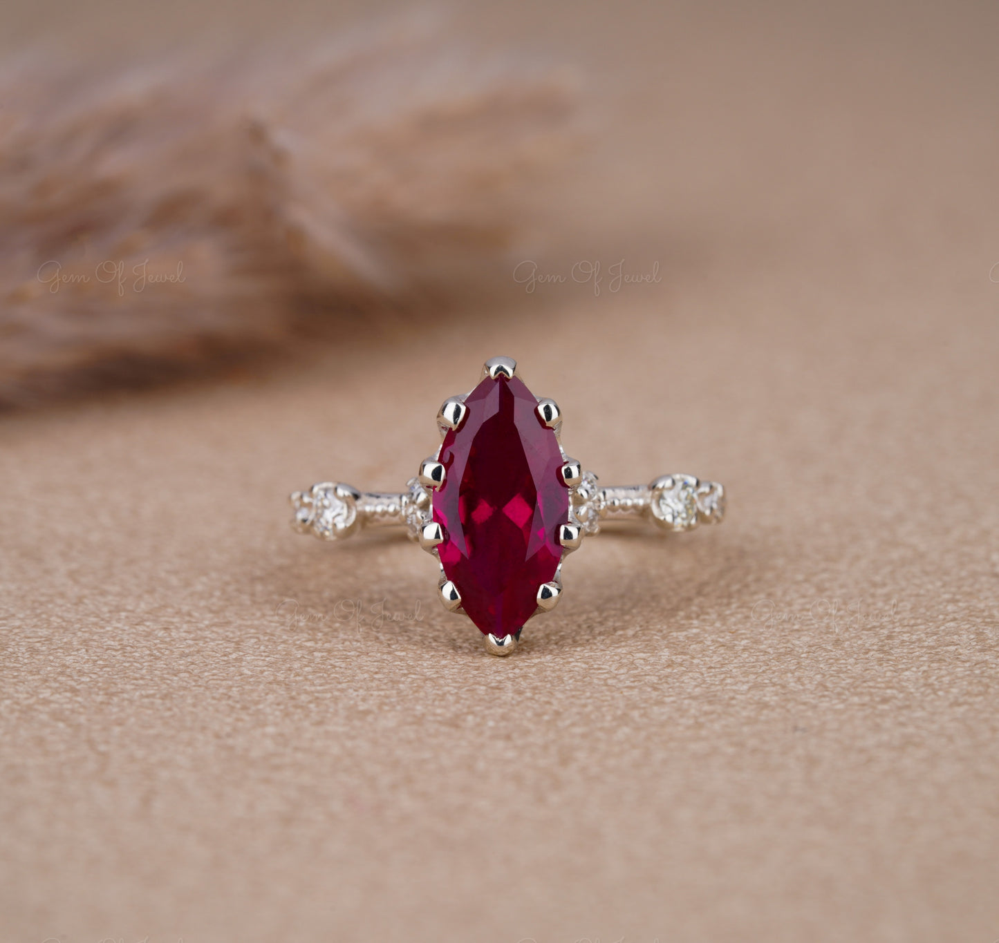 Red Ruby Stone Marquise Cut Ring, Ruby Red Stone Ring For Her, Red Garnet Ring Marquise Diamond With Side Round Moissanite Diamond Ring