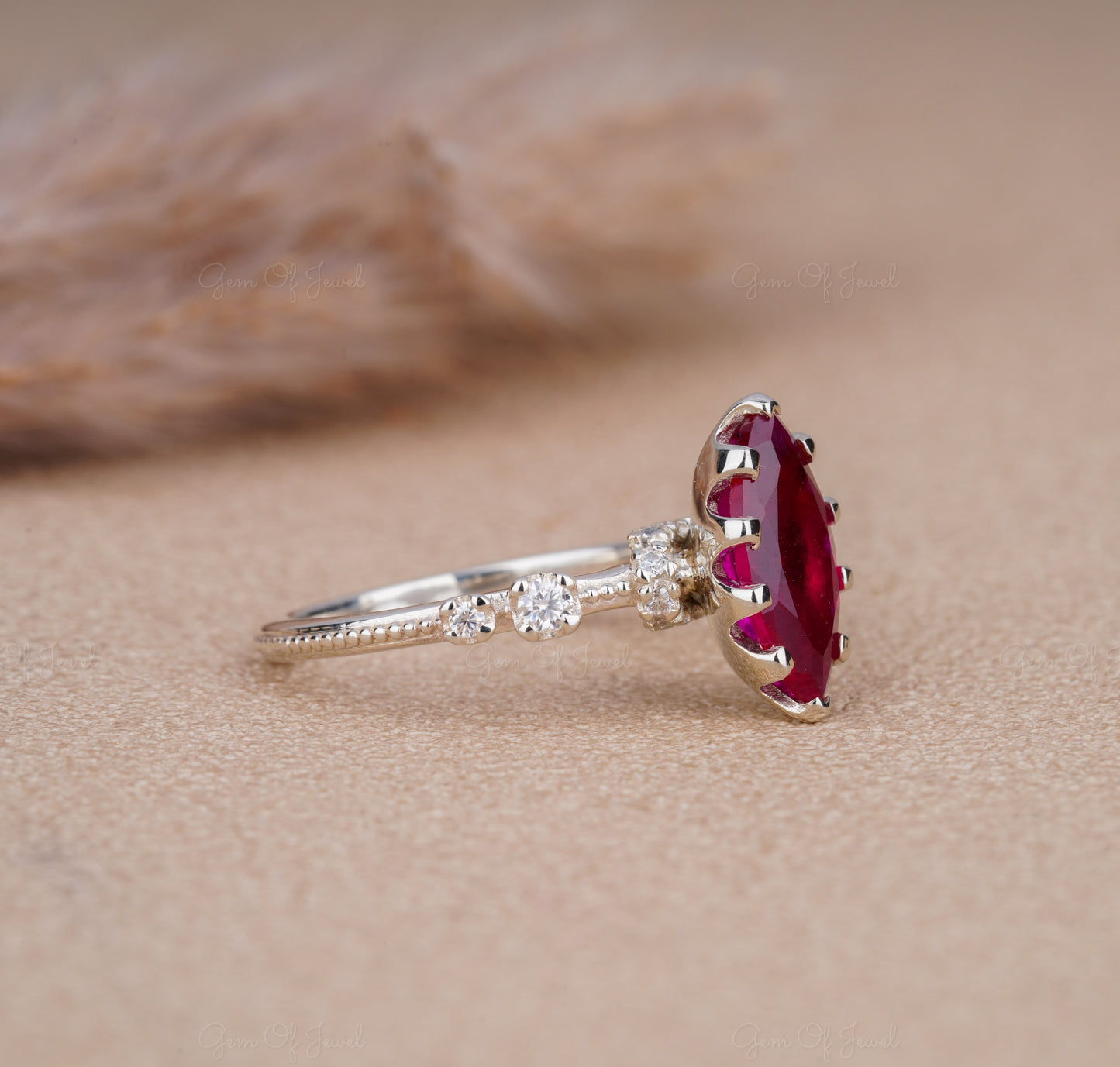 Red Ruby Stone Marquise Cut Ring, Ruby Red Stone Ring For Her, Red Garnet Ring Marquise Diamond With Side Round Moissanite Diamond Ring