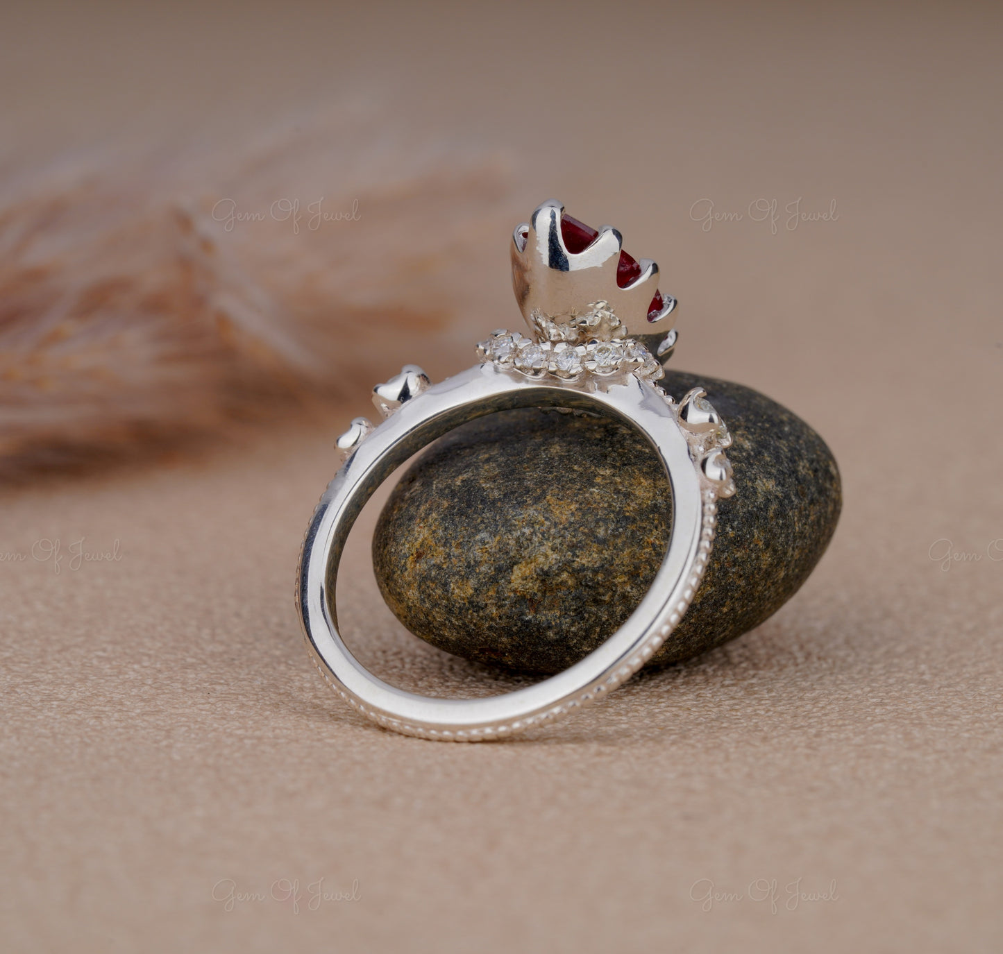 Red Ruby Stone Marquise Cut Ring, Ruby Red Stone Ring For Her, Red Garnet Ring Marquise Diamond With Side Round Moissanite Diamond Ring