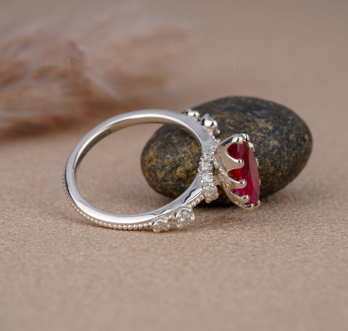 Red Ruby Stone Marquise Cut Ring, Ruby Red Stone Ring For Her, Red Garnet Ring Marquise Diamond With Side Round Moissanite Diamond Ring