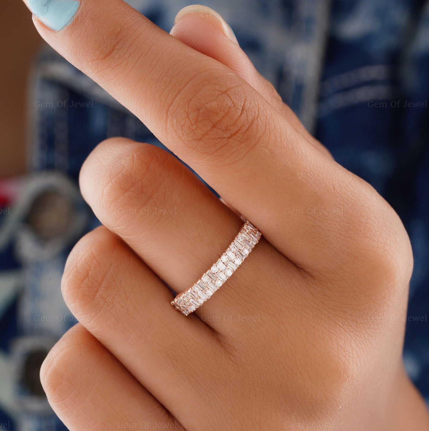 Baguette Moissanite Diamond Ring Full Eternity With Round Moissanite Diamond For Her, Double Raw Moissanite Diamond Wedding Ring For Her