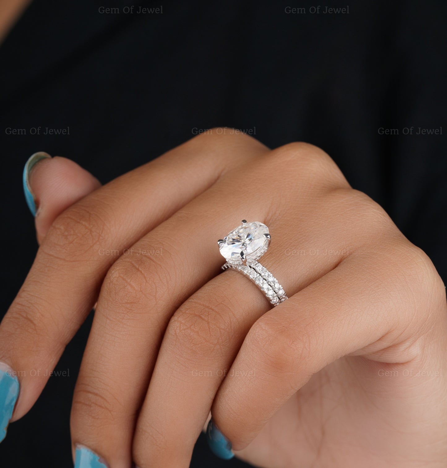 3CT Oval Moissanite Diamond Ring With Pave Matching Band Bridal Set, Oval Wedding Ring And Band Set, Oval Moissanite Diamond Bridal Ring Set