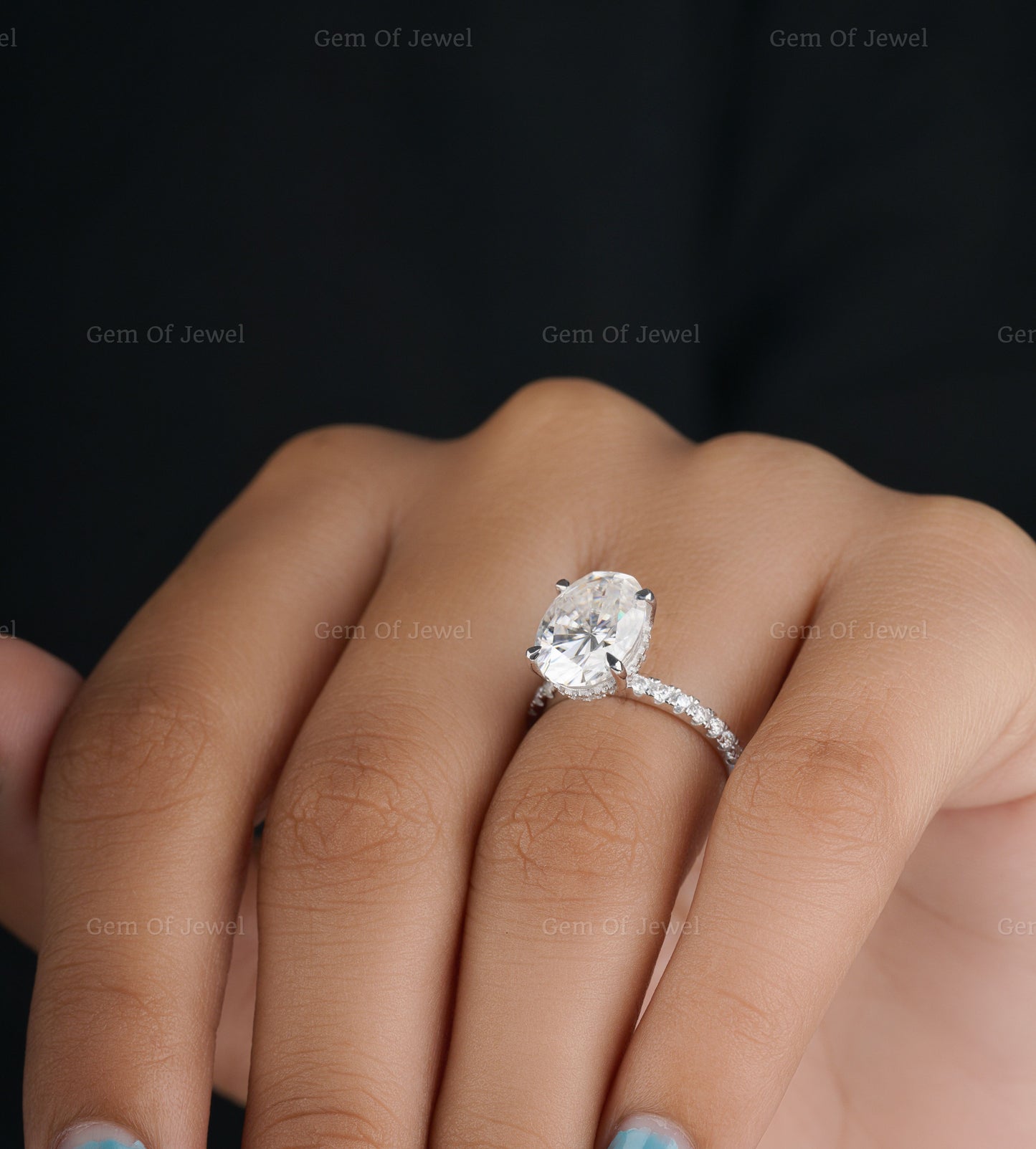 3CT Oval Moissanite Diamond Engagement Ring With Side Round Moissanite Diamond And Hidden Halo Ring, Oval Hidden Halo Diamond Ring For Her