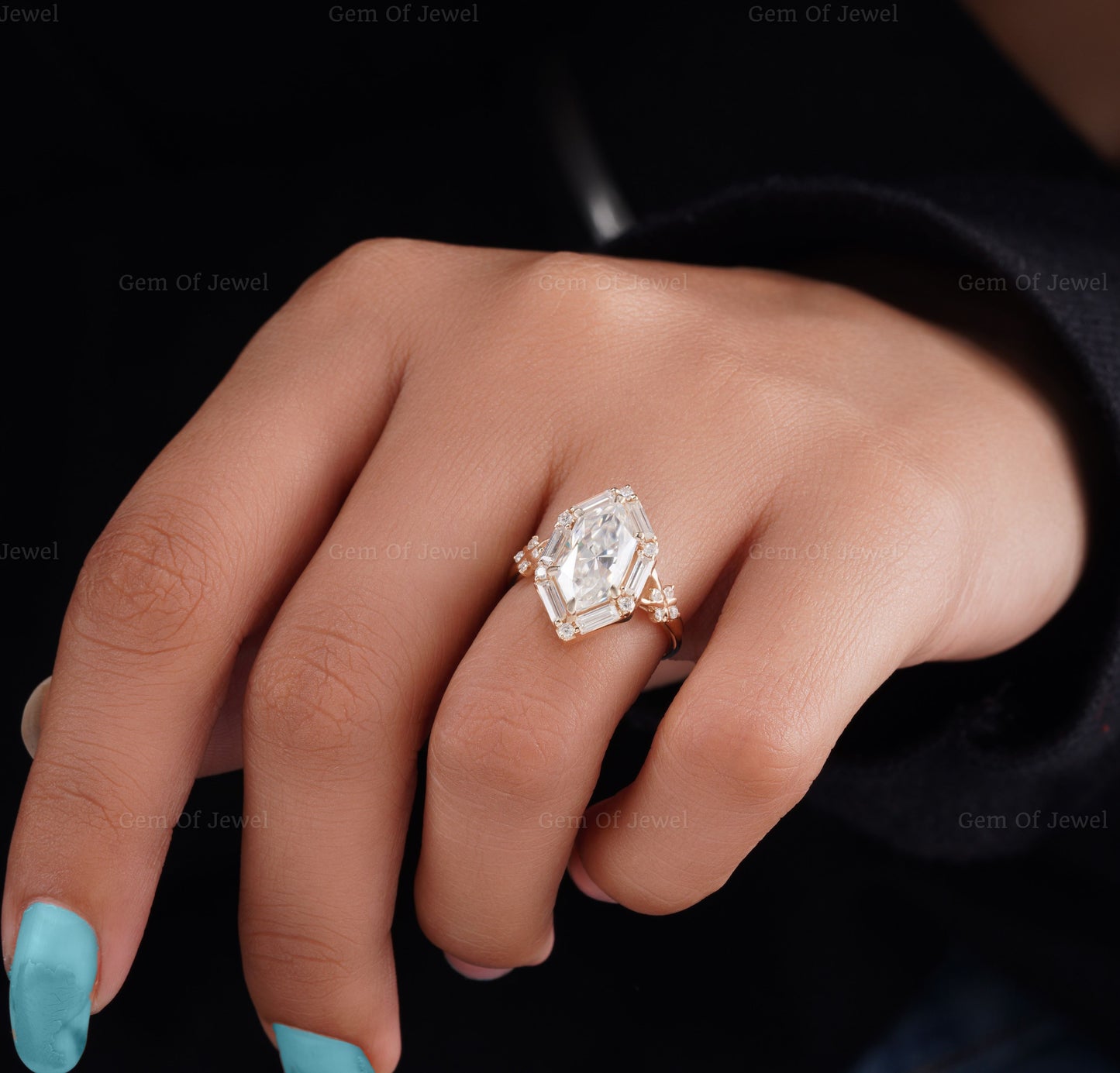 Dutch Marquise Moissanite Diamond Cluster Ring with Side Baguette Moissanite Ring, Hexagon Shape Diamond Ring, Dutch Marquise Ring For Her