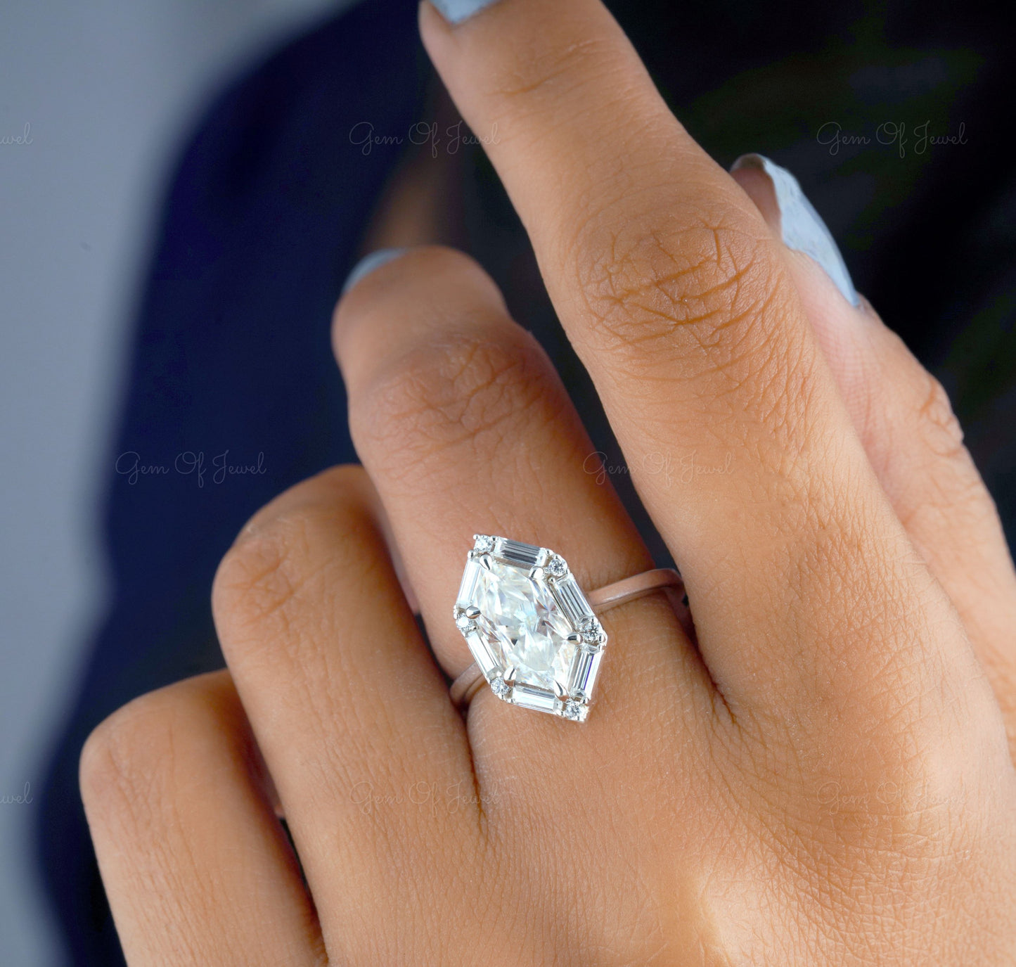 Dutch Marquise Cut Moissanite Diamond Ring with Side Baguette Moissanite Ring, Hexagon Shape Diamond Gold Ring, Dutch Marquise Ring For Her