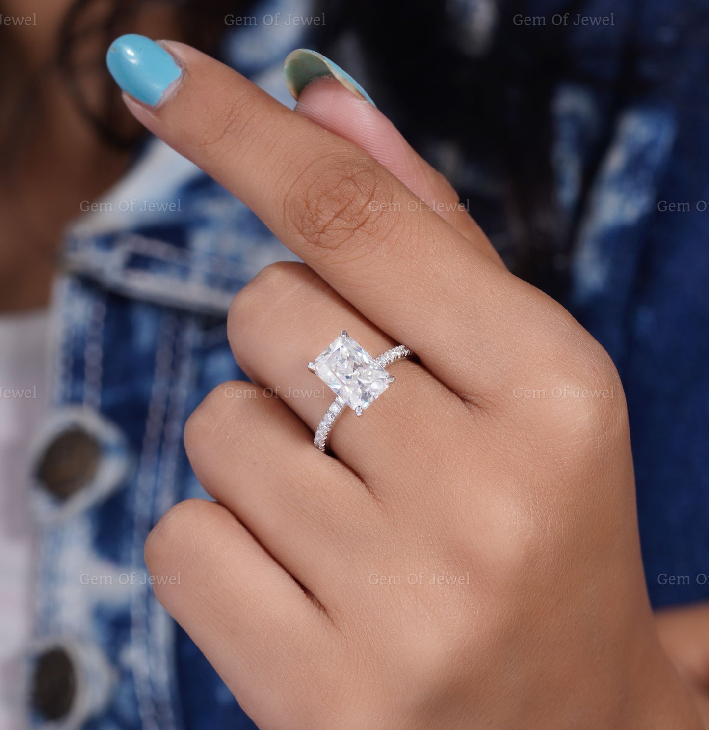 Radiant Moissanite Diamond Engagement Ring, Crushed Ice Radiant Moissanite Diamond Ring For Her, Crushed Ice Radiant Moissanite Diamond Ring