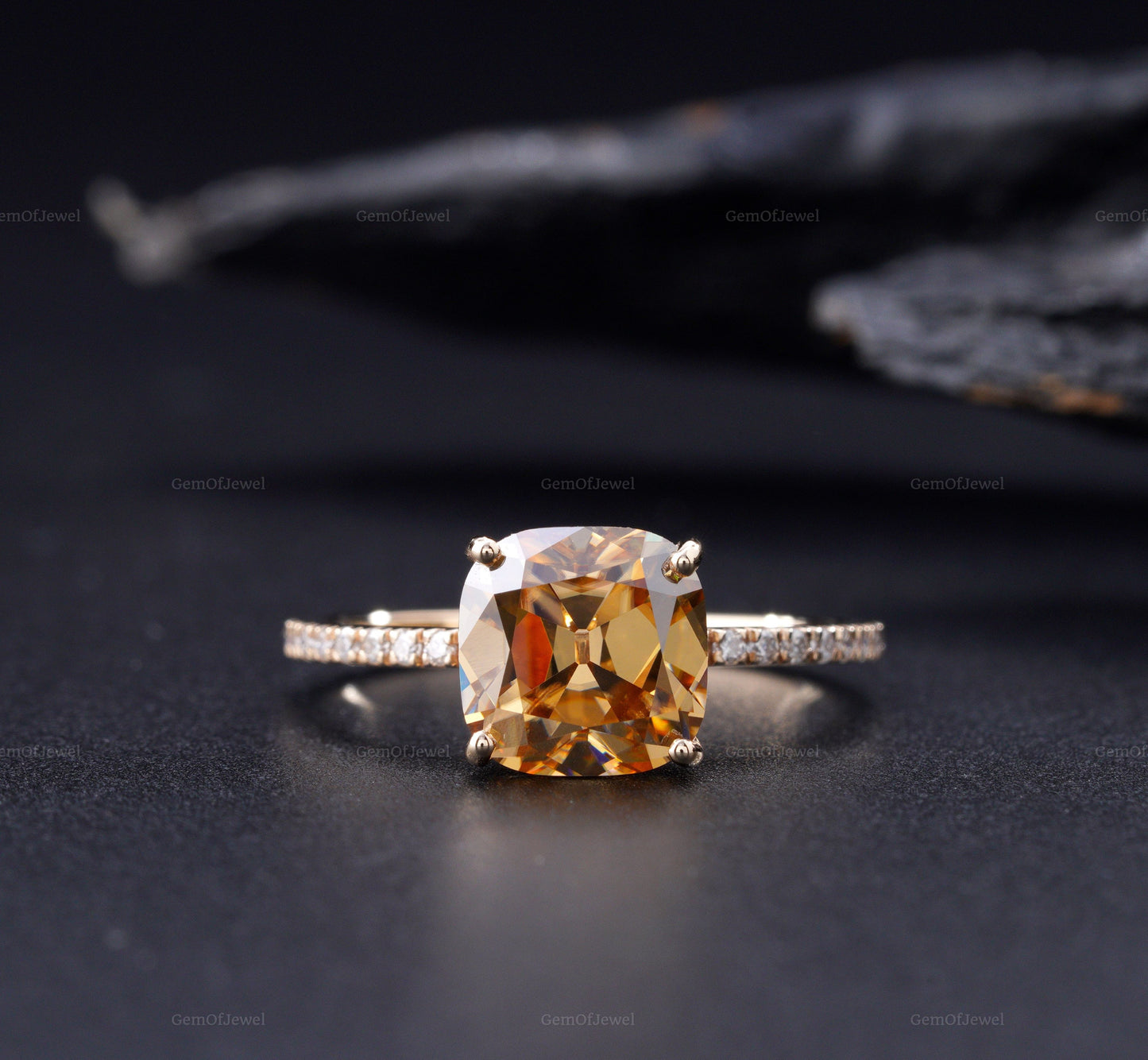 Cushion Champagne Moissanite Diamond Ring With Side Round Moissanite Diamond Ring, Cushion Cut Brown Diamond Ring, Champagne Diamond Ring