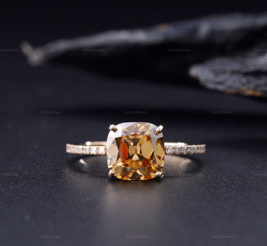 Cushion Champagne Moissanite Diamond Ring With Side Round Moissanite Diamond Ring, Cushion Cut Brown Diamond Ring, Champagne Diamond Ring