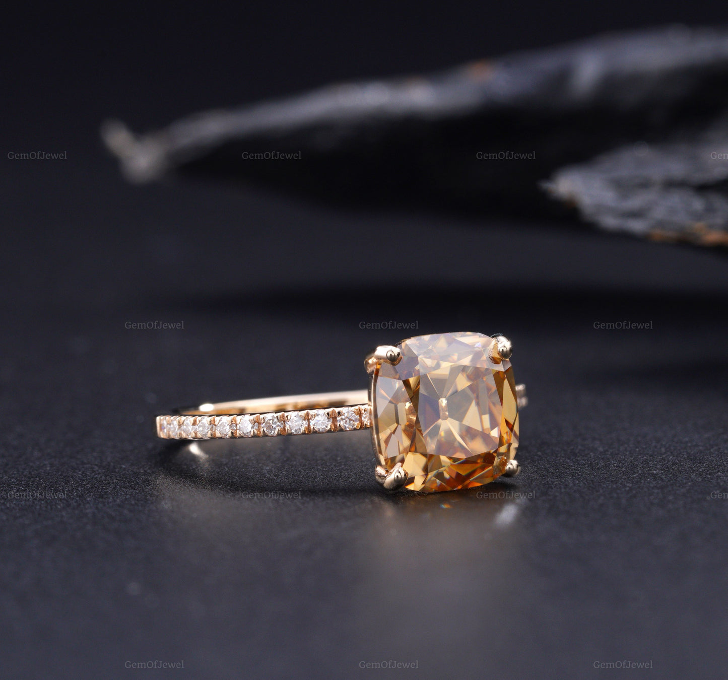 Cushion Champagne Moissanite Diamond Ring With Side Round Moissanite Diamond Ring, Cushion Cut Brown Diamond Ring, Champagne Diamond Ring
